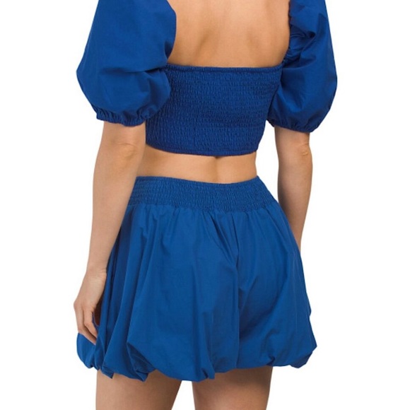 NWT Susana Monaco Blue Nocturnal Puff Sleeve Cotton Poplin Crop Top Sz M - Picture 2 of 11